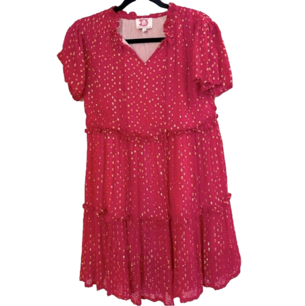 Victoria Dunn Hot Pink Metallic Gold Tiered Ruffle Baby Doll Dress Sz Small